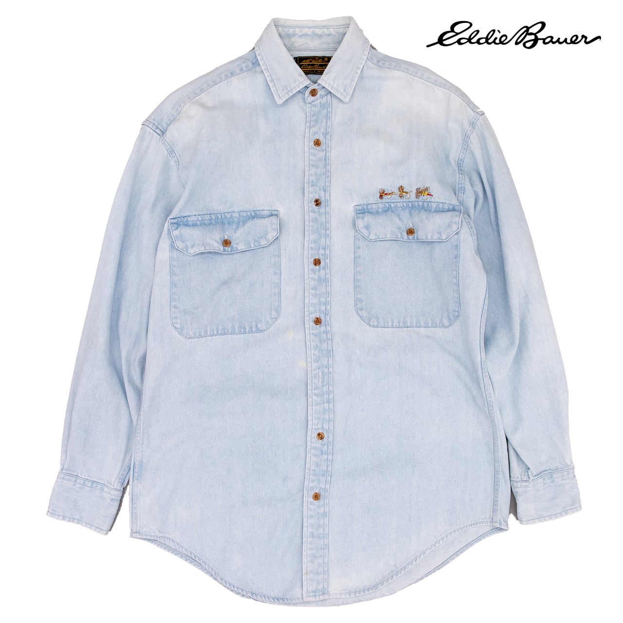 【USED】90s Eddie Bauer エディーバウアー Light Wash Denim Shirt with Fly Fishing Embroidery ライトウォッシュ デニムシャツ (フライフィッシング刺繍) 黒タグ