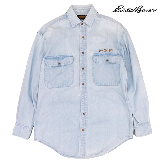【USED】90s Eddie Bauer エディーバウアー Light Wash Denim Shirt with Fly Fishing Embroidery ライトウォッシュ デニムシャツ (フライフィッシング刺繍) 黒タグ