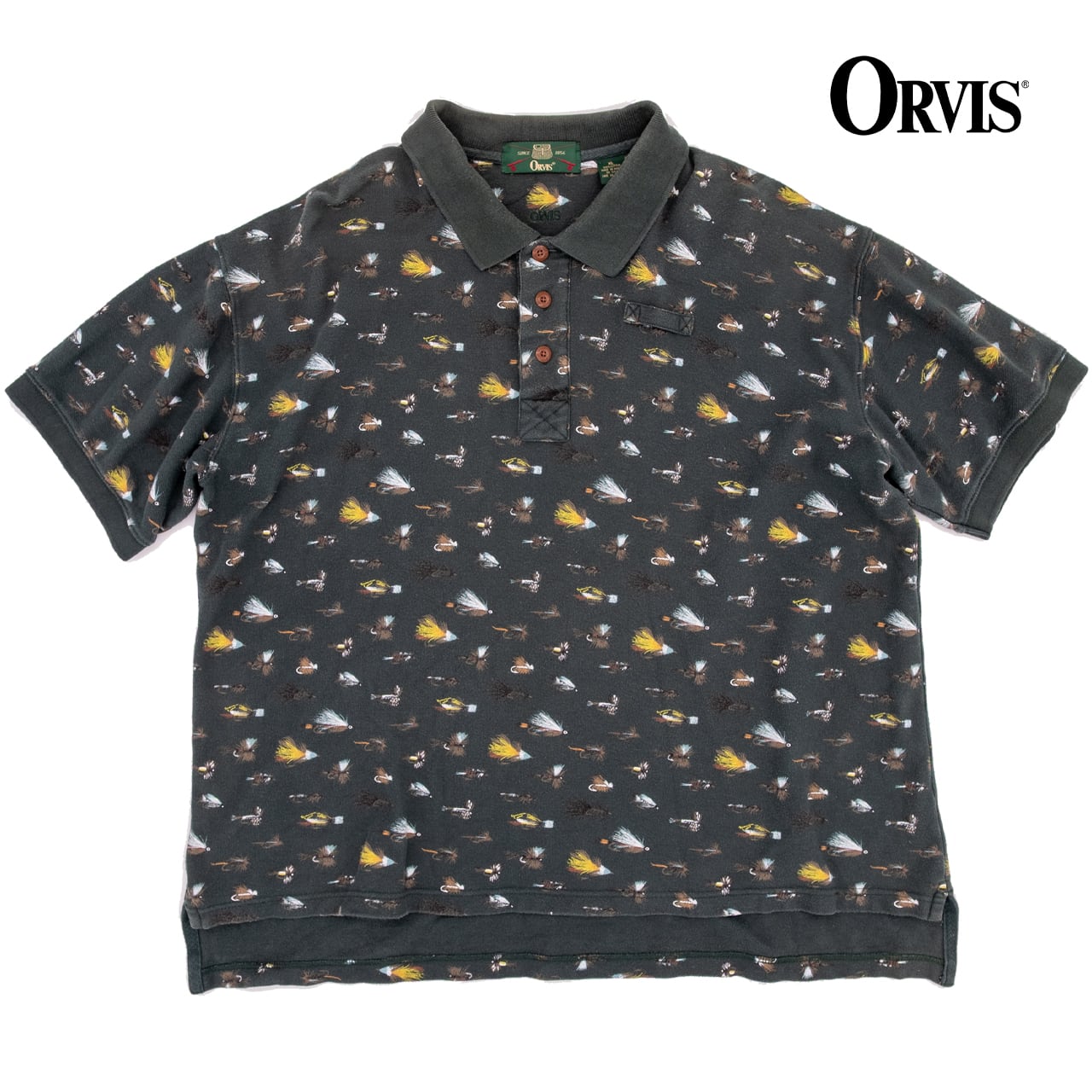【USED】90s ORVIS Fly Pattern All-Over Print Polo Shirt オービス フライパターン総柄 ポロシャツ
