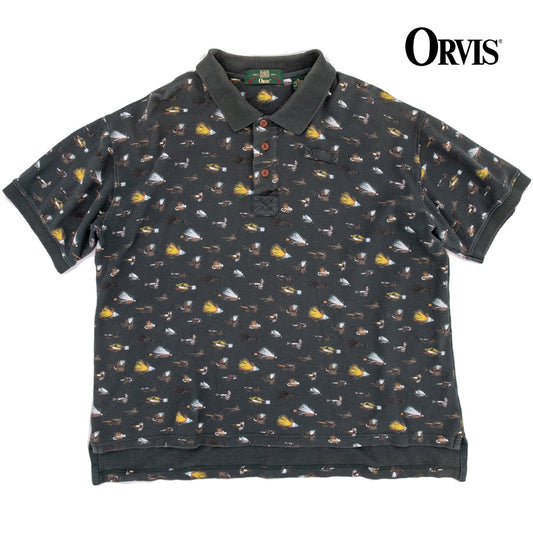 【USED】90s ORVIS Fly Pattern All-Over Print Polo Shirt オービス フライパターン総柄 ポロシャツ