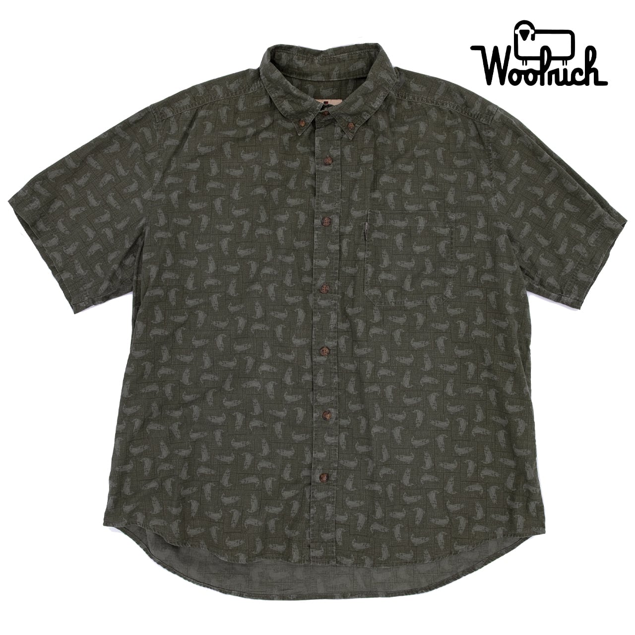 【USED】90s WOOLRICH All-Over Trout Print Short Sleeve Shirt ウールリッチ トラウト柄 半袖シャツ