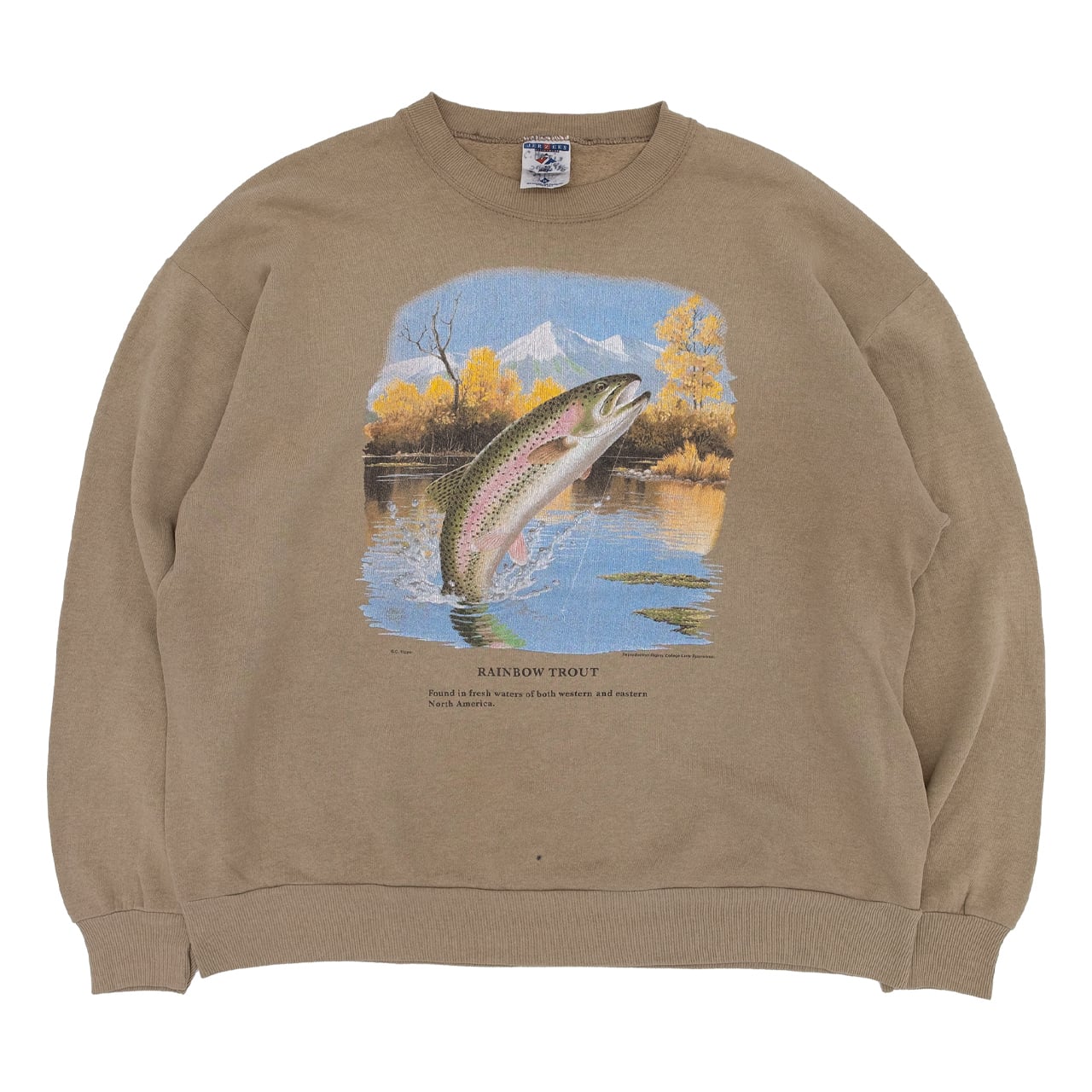 【USED】90s JERZEES ジャージーズ RAINBOW TROUT Print Sweat Shirt レインボートラウトプリントスウェットシャツ MADE IN USA