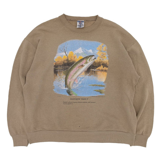 【USED】90s JERZEES ジャージーズ RAINBOW TROUT Print Sweat Shirt レインボートラウトプリントスウェットシャツ MADE IN USA