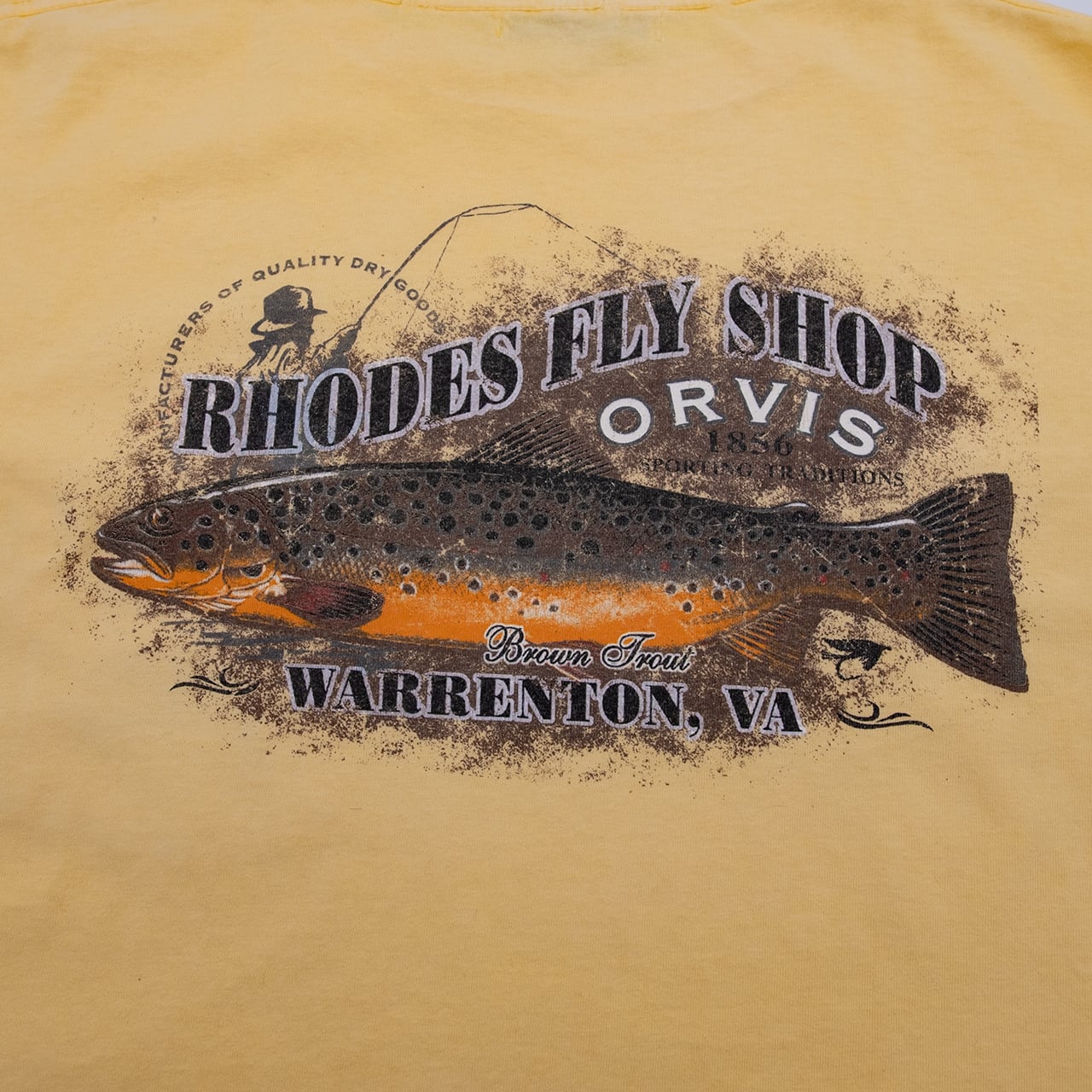 【USED】00s ORVIS "Rhodes Fly Shop" Brown Trout Graphic T-Shirt オービス トラウトプリントTシャツ