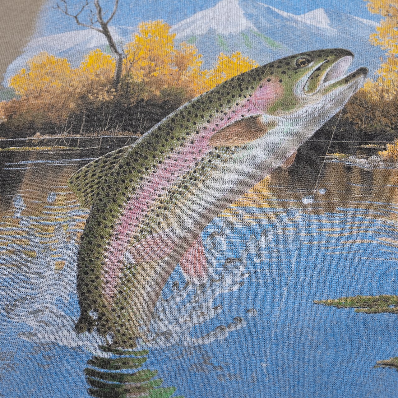 【USED】90s JERZEES ジャージーズ RAINBOW TROUT Print Sweat Shirt レインボートラウトプリントスウェットシャツ MADE IN USA