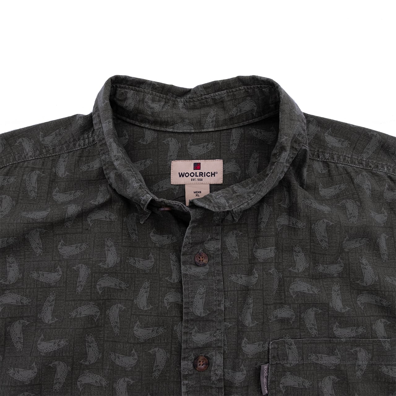 【USED】90s WOOLRICH All-Over Trout Print Short Sleeve Shirt ウールリッチ トラウト柄 半袖シャツ
