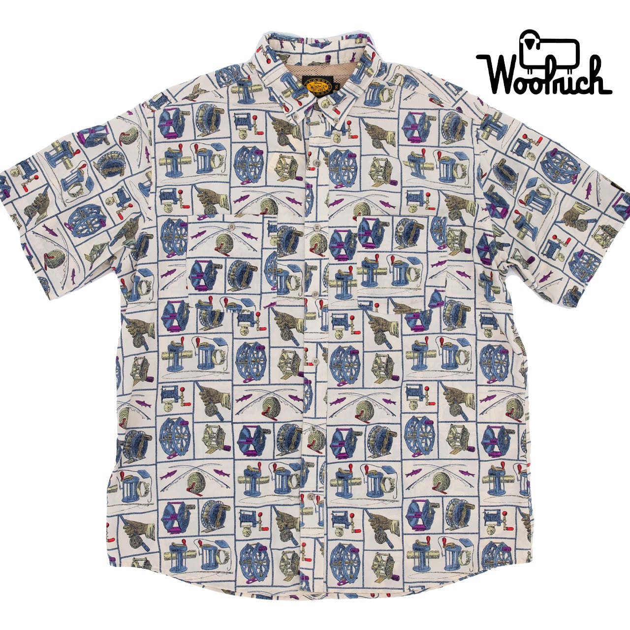 【USED】90s WOOLRICH All-Over Fishing Gear Print Short Sleeve Shirt ウールリッチ フィッシングギア総柄 半袖シャツ